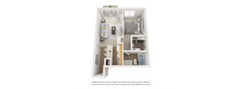 The Chateau Floor Plan; A one bedroom, one bathroom apartment floor plan at Greentree Village Apartments