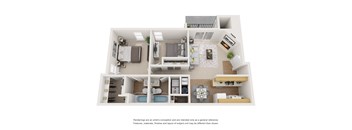 3-D image of a two-bedroom two-bath floor plan
