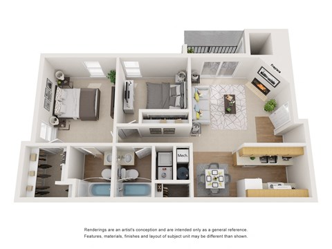 3-D image of a two-bedroom two-bath floor plan