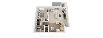 3-D image of a one bedroom one bath floor plan
