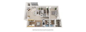 3-D image of a two-bedroom two-bath floor plan