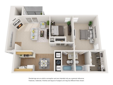 3-D image of a two-bedroom two-bath floor plan