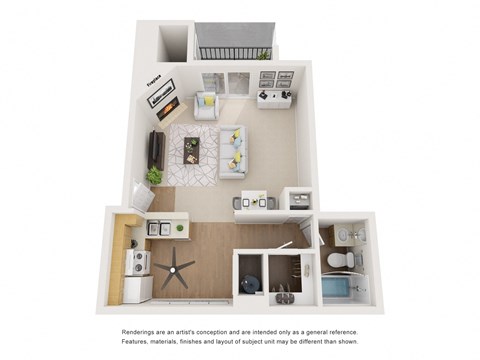 3-D image of a studio floor plan