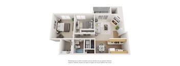 3-D image of a two-bedroom one-bath floor plan