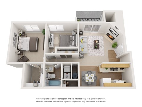 3-D image of a two-bedroom one-bath floor plan