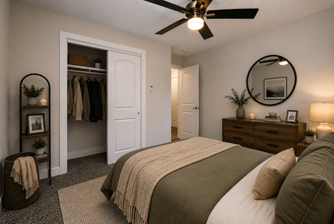 A bedroom with a large bed and a ceiling fan.
