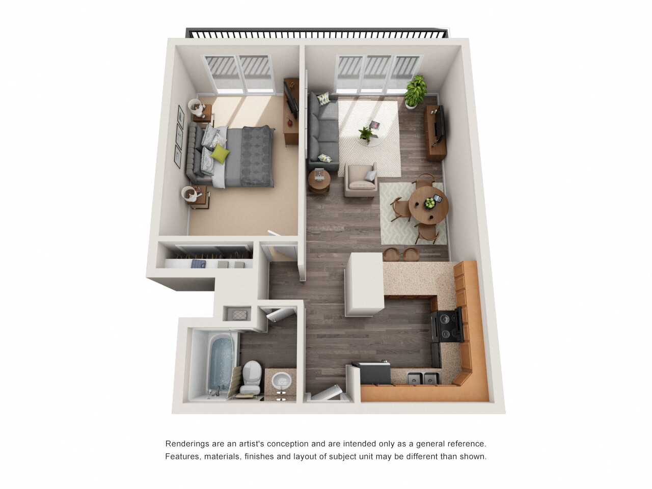 Our 1 bedroom, 1 bathroom medium apartment floor plan at Scandia Apartments in Englewood, Colorado