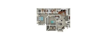 A 3D rendering of a 2 bedroom 2 bath floorplan