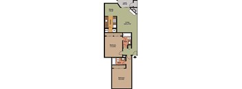 A large two bedroom, two bathroom apartment floor plan at Ladera Apartments in Tukwila, Washington