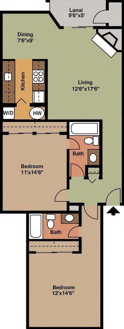 A large two bedroom, two bathroom apartment floor plan at Ladera Apartments in Tukwila, Washington