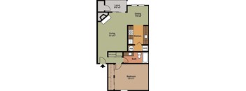 A one bedroom, one bathroom apartment floor plan at Ladera Apartments in Tukwila, Washington