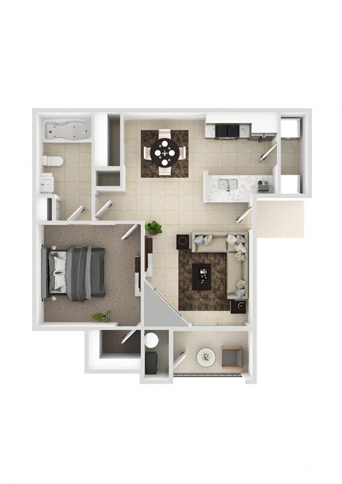 a stylized floor plan with a bedroom and living room