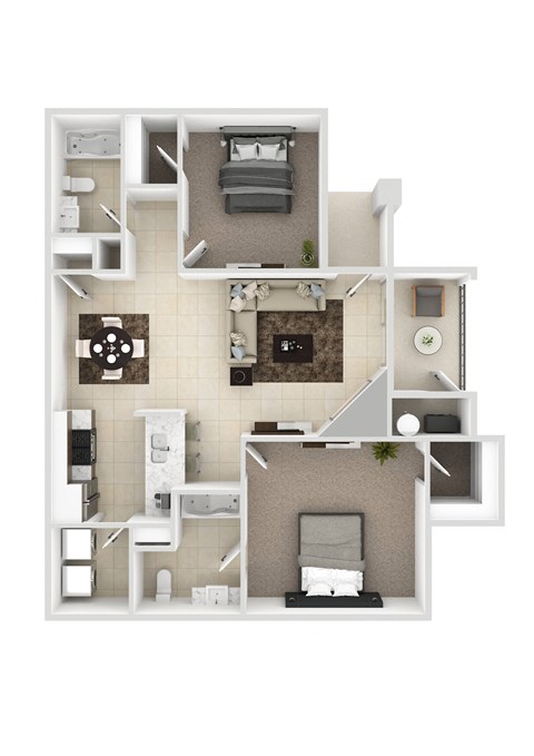 a 3d drawing of a floor plan with bedrooms and a living room