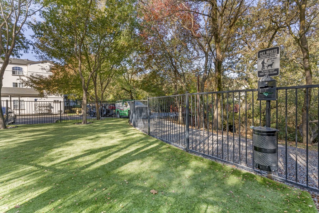 Our newly renovated dog park is now open, featuring fresh turf and plenty of space for your furry friends to play and socialize.