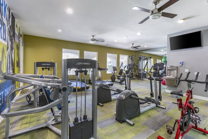 a gym with cardio equipment and a flat screen tv - Photo Gallery