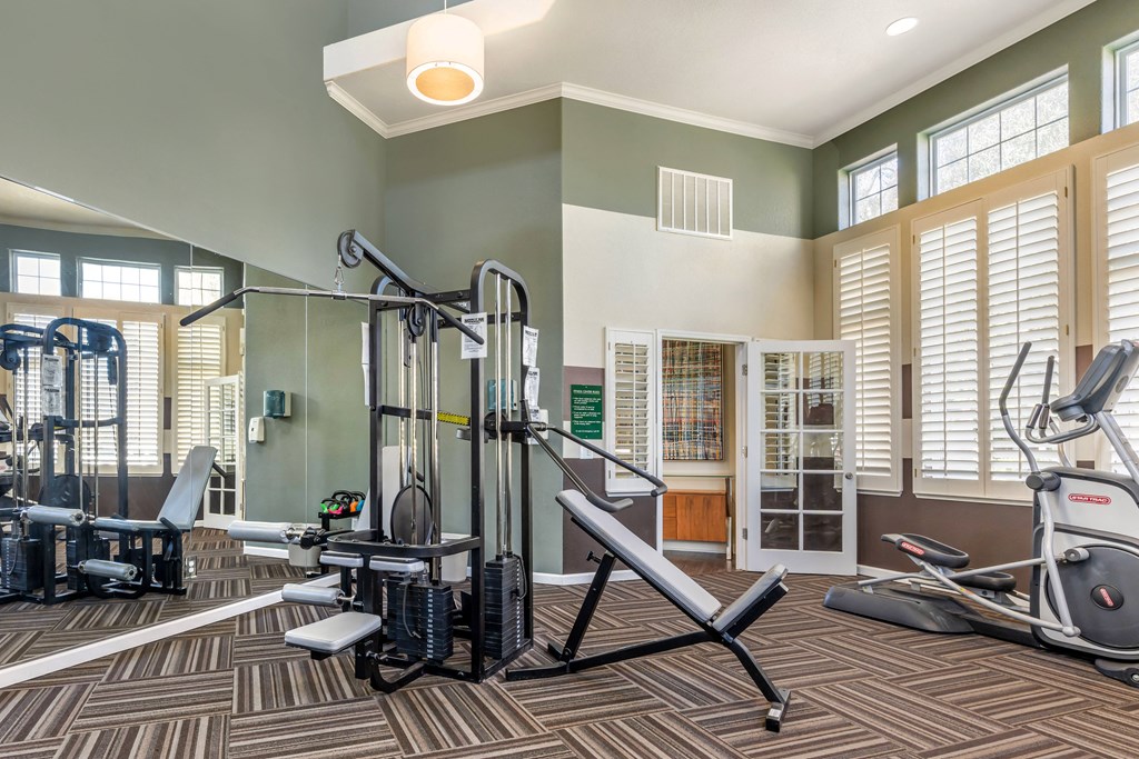 a gym with weights and cardio equipment in a room with windows