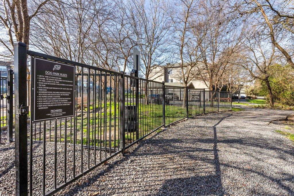 a wrought iron fence with a park behind it