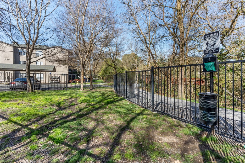 the gate to the dog park at the end of a street