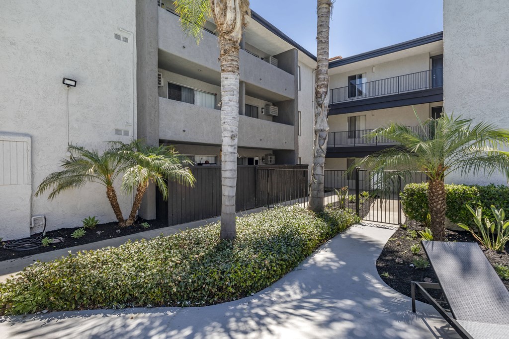 a walkway with a bench and palm trees in front of an apartment building