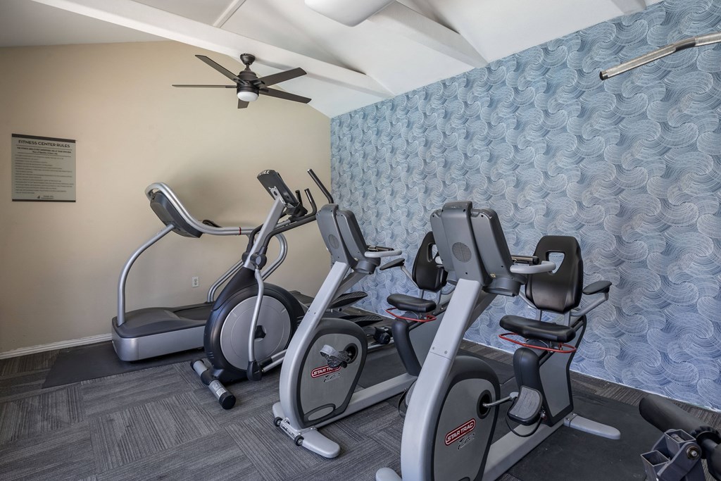 two treadmills and exercise bikes in the exercise room