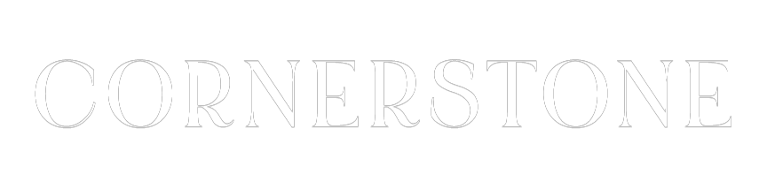 The image displays the word "CORNERSTONE" in large, white, serif font on a green background.