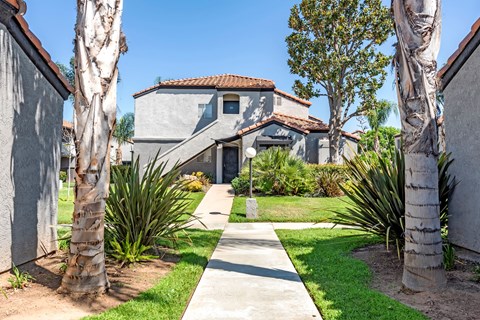 A house with a red tile roof is surrounded by palm trees and greenery.