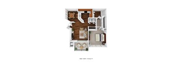 a stylized floor plan with a bedroom and a living room