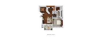 a stylized floor plan with a bedroom and living room
