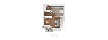 a stylized floor plan with a bedroom and a living room