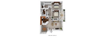 a stylized 3d floor plan of a house with a bedroom and living room