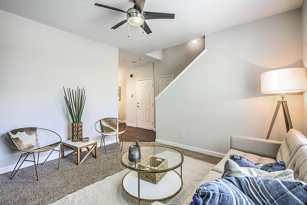 Living room with grey walls and bright lighting