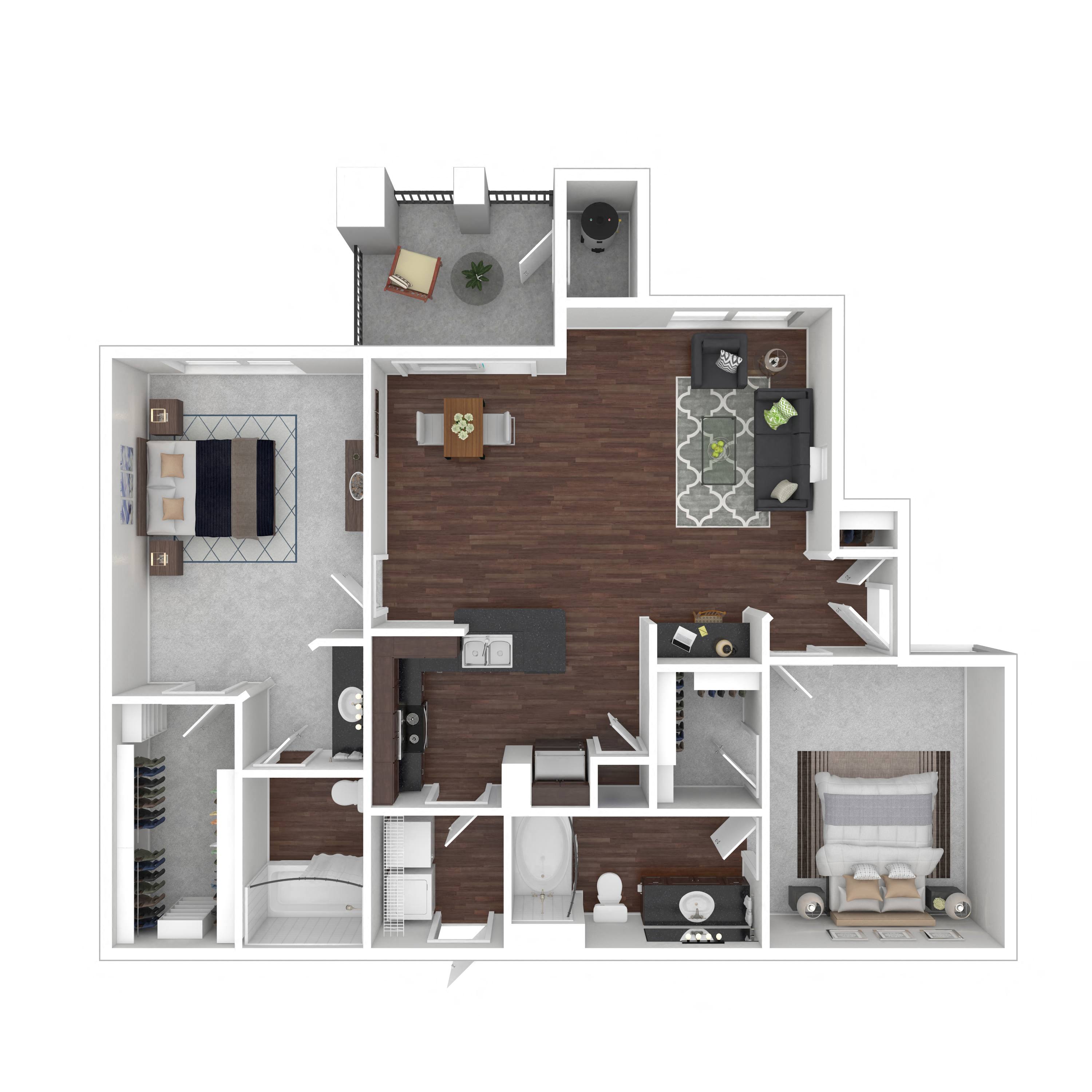 1077 Square Foot 2 Bedroom 2 Bathroom floorplan called the Prosecco. at Trevi Apartment Homes, Arizona
