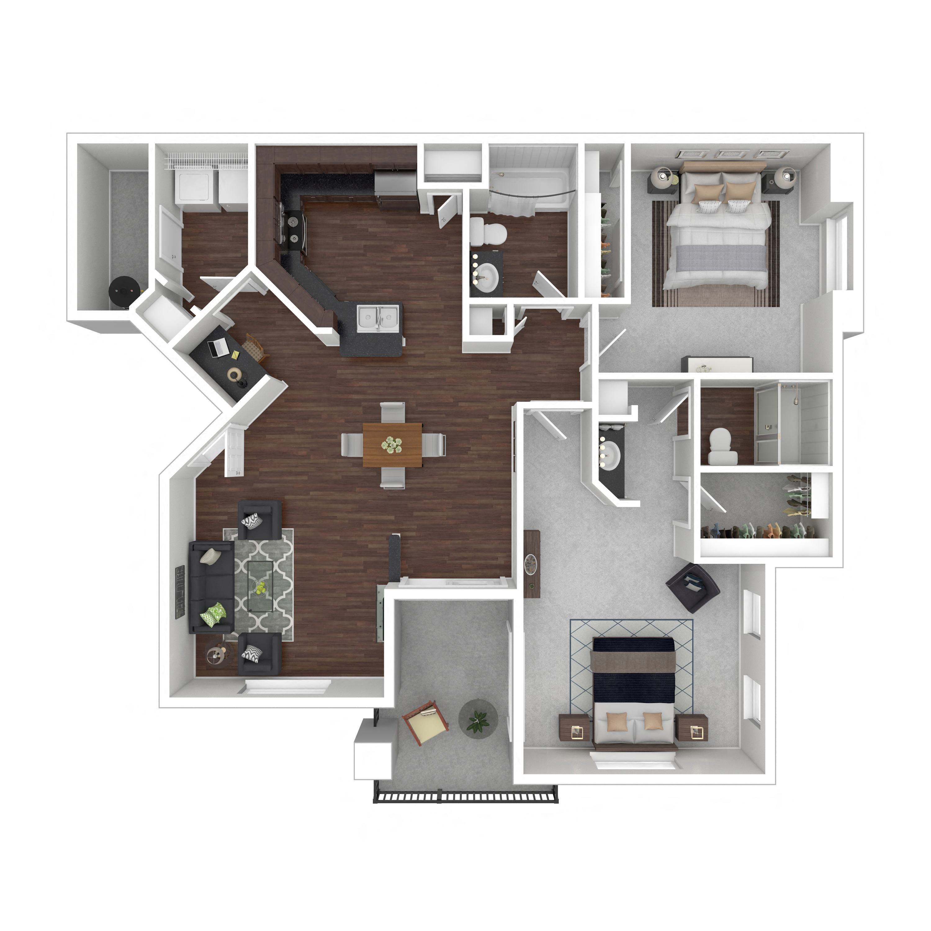 1173 Square Foot 2 Bedroom 2 Bathroom floorplan called the Rossini. at Trevi Apartment Homes, Chandler, 85224