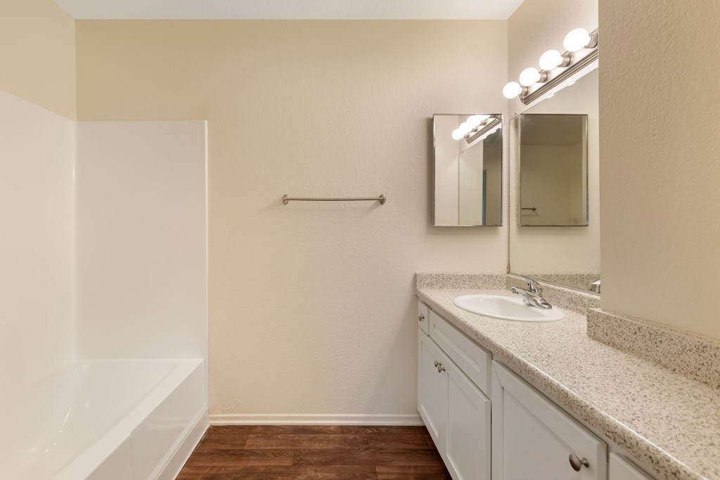 the preserve at ballantyne commons apartment bathroom with sink and mirror