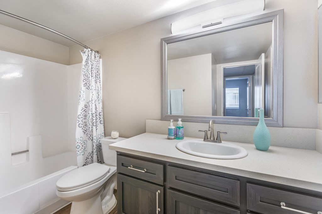 a bathroom with a large mirror and a toilet and sink