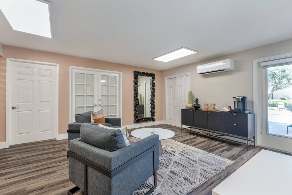 a living room with a couch and a coffee table