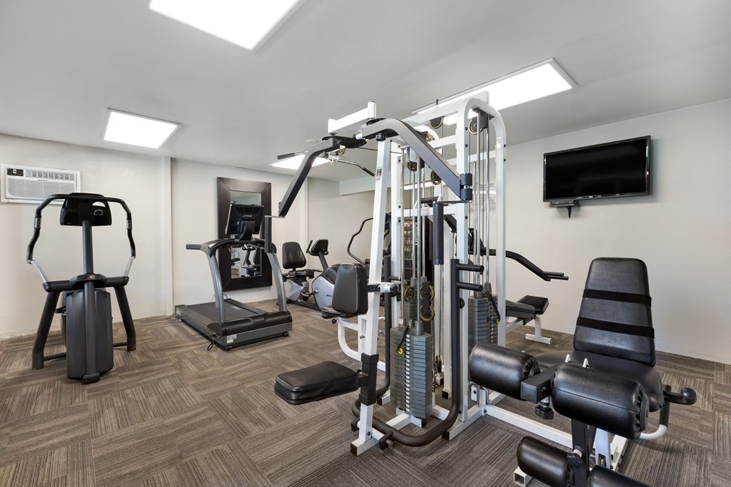 a gym with cardio equipment and a tv in a hotel room