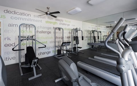 Apartments Near Downtown Summerlin - Aviara - Fitness center with ellipticals, weights, and floor-to-ceiling mirrors