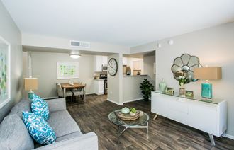 1 BR Apartments in Spring Valley NV - Aviara - Stylish Living Room with Modern Furniture, Laminate Wood Style Flooring, and a Circular Coffee Table