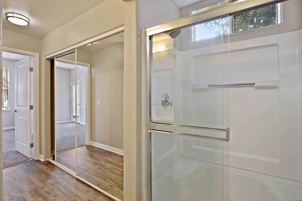 Large sliding closets and walk-in showers at Renaissance Apartment Homes in Santa Rosa, California