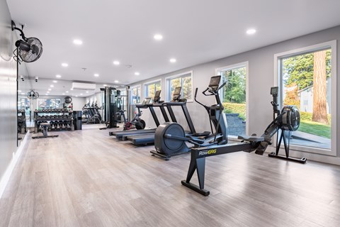 A gym with a row of exercise bikes and a fan.