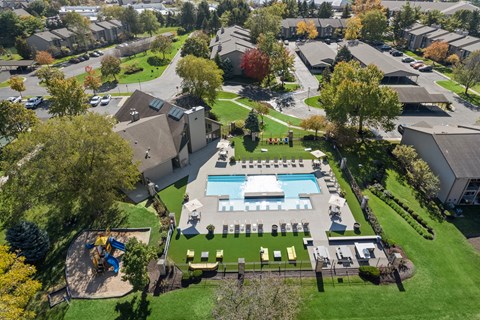 Aerial pool view at Lakes of Carmel Apartments, Carmel, IN