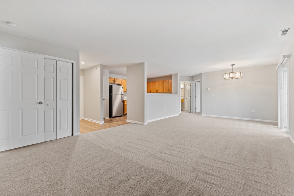 Open concept living room and kitchen area with new fixtures and lots of natural light