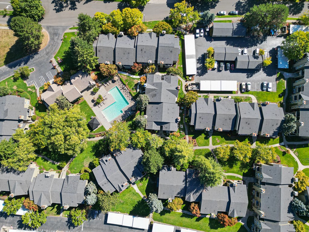 an aerial view of houses in a suburban neighborhood