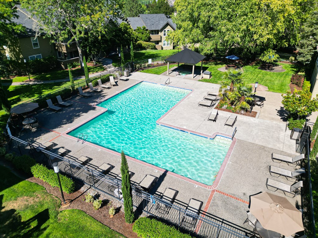 an aerial view of a swimming pool with chairs and umbrellas