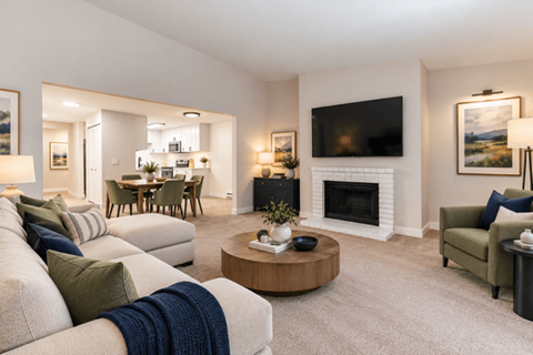 A living room with a fireplace and a television.