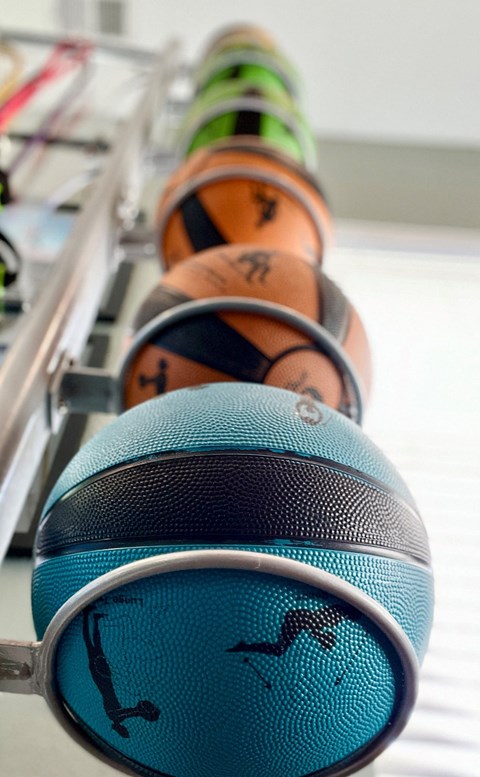 A row of basketballs with different designs on them are lined up on a rack.