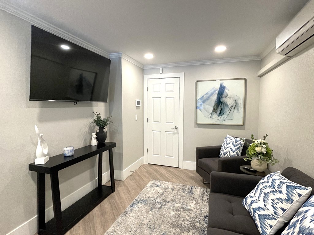 a living room with a couch and a tv