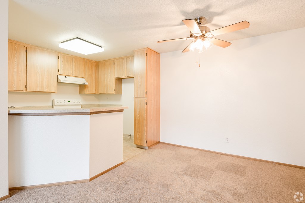 a kitchen and living room with white walls and beige carpet