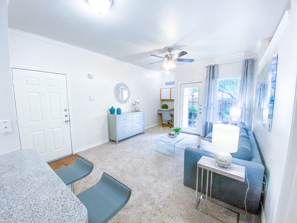 Interior living room view with seating at Tuscany Square, Dallas, TX